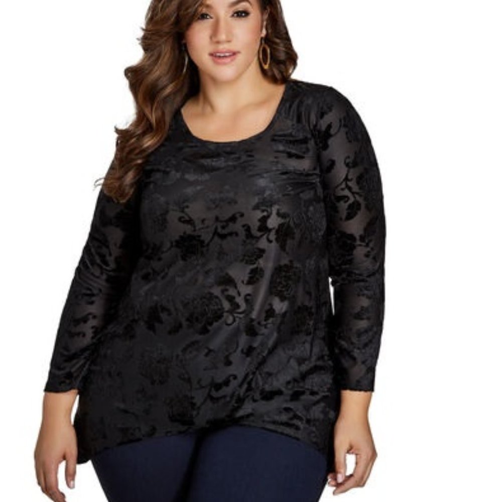 Ashley Stewart Black Burnout Top NWT